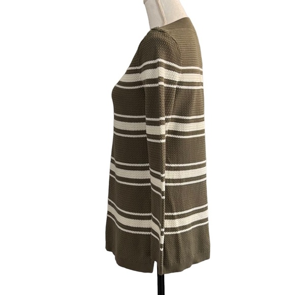 Talbots BASKET WEAVE SWEATER STRIPE Women’s SZ Medium Olive & White Knit Fall - Picture 4 of 9